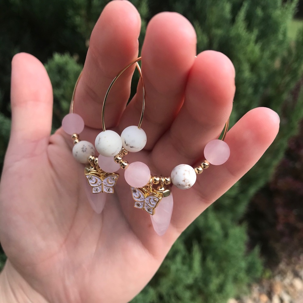 Rose Quartz White Turquoise Butterfly Hoop Earring - Picture 6 of 6